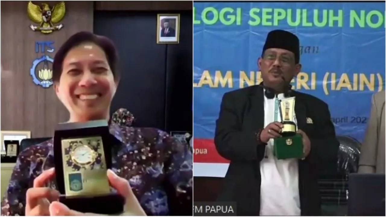 Pemberian cinderamata dari ITS dan IAIN Fattahul Muluk Papua usai penandatangan MoU. (war)