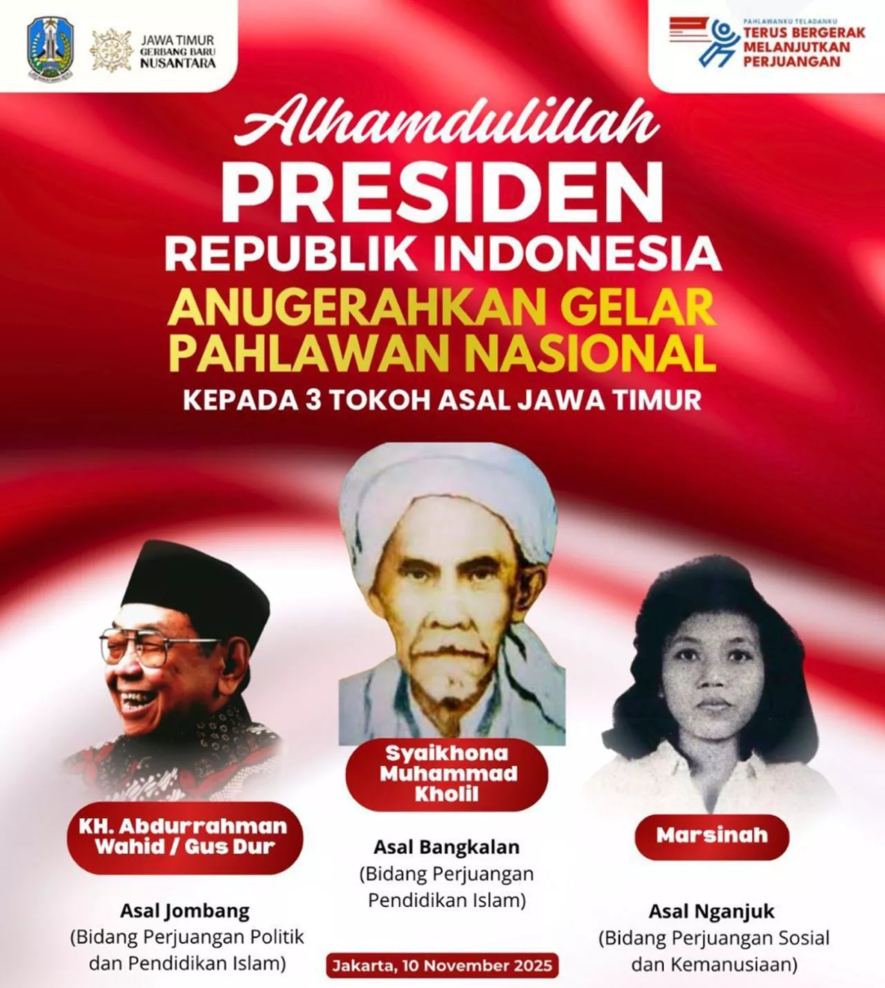 Tiga Tokoh Jawa Timur Peroleh Gelar Pahlawan Nasional. Khofifah: Teladan Keberanian dan Kemanusiaan